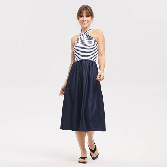 Universal Thread Dresses & Skirts - Universal Thread - Women's Mixed Fabric Tie-Back Midi Dress - Univers Navy Blue